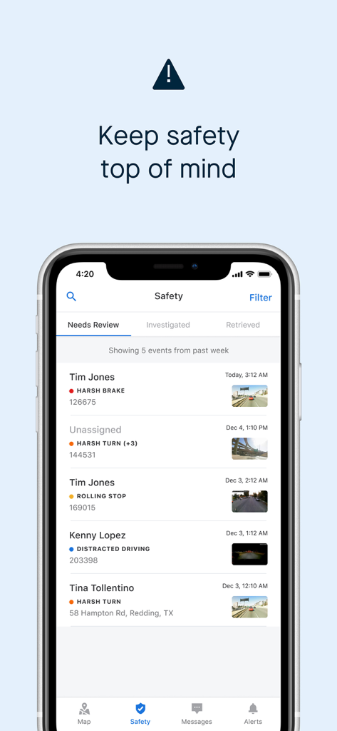 Samsara Fleet mobile app interface displaying real-time driver safety alerts and incident logs.