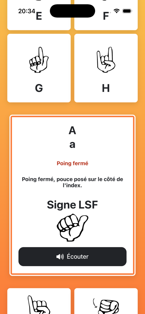 Interfaz que muestra la letra A en lengua de señas francesa (LSF) con ilustraciones de señas manuales y texto descriptivo.