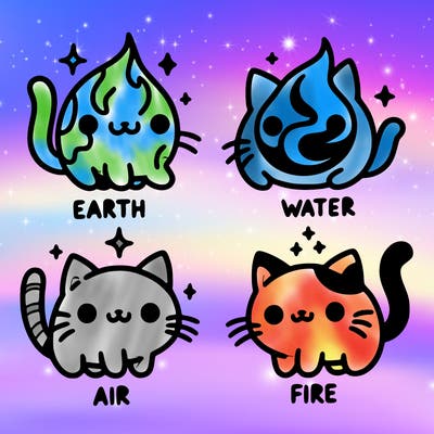 4 cats that represent the different elements, earth, water, air, and fire