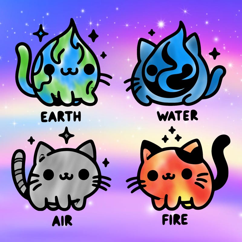 4 cats that represent the different elements, earth, water, air, and fire