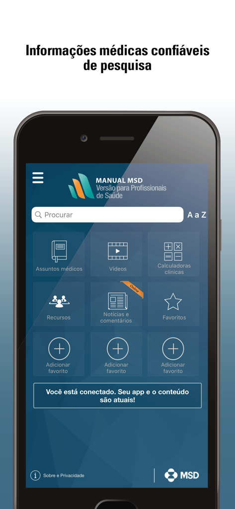 Pantalla de inicio de la aplicación Manual MSD para profesionales de la salud en español que muestra recursos médicos y barra de búsqueda