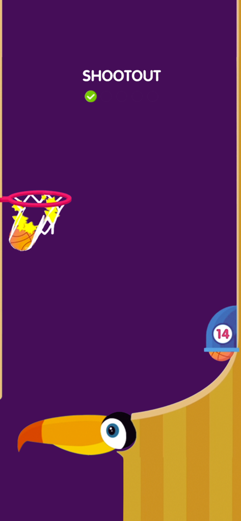 Flipper Dunk - Uma bola de basquete enterrando em uma cesta no modo shootout do jogo mobile Flipper Dunk.