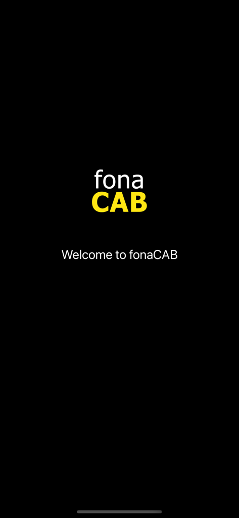 fonaCAB Belfast taxi app welcome screen with logo on a black background