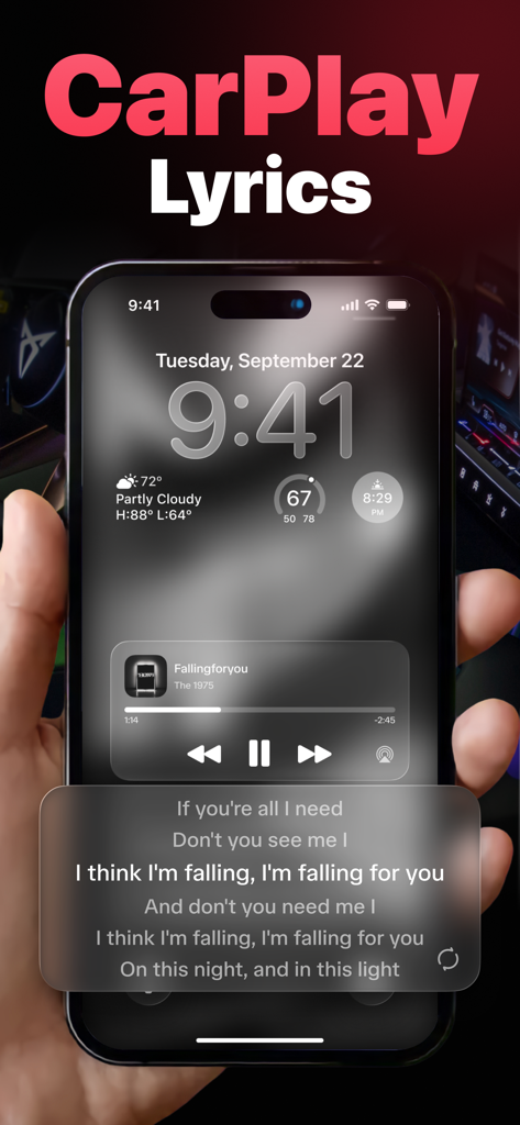 Smartphone screen showing synchronized song lyrics and music player widget