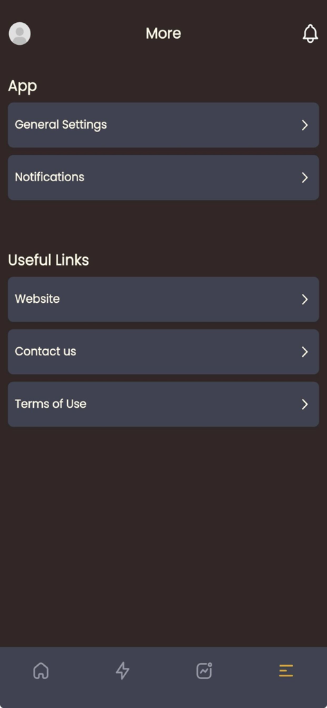 Epiqon - The More menu screen in the Epiqon app showing settings and useful links.