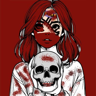 realistic girl holding a skull