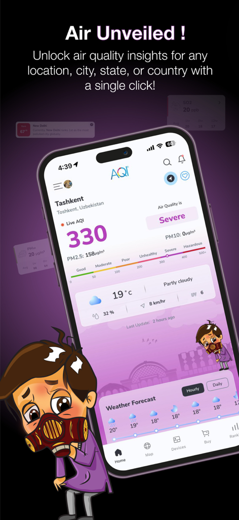 AQI mobile app dashboard showing a severe air quality level and real-time pollutant data