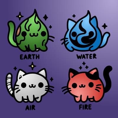 4 cats that represent the different elements, earth, water, air, and fire