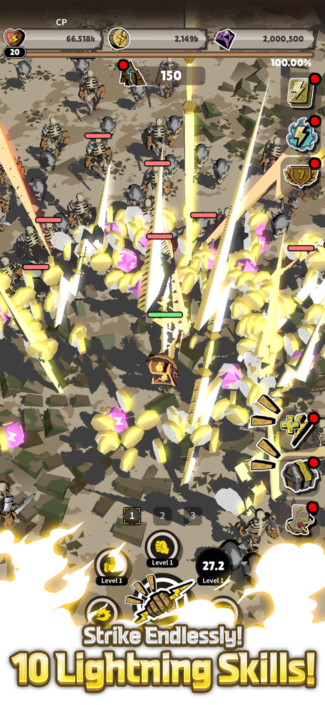 Lightning Princess: Idle RPG - Gameplay screenshot of Lightning Princess using multiple lightning skills to defeat a hoard of skeleton enemies
