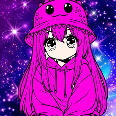 girl with anime shaped eyes with a dinosaur bucket hat oversized sweatshirt long straight hair