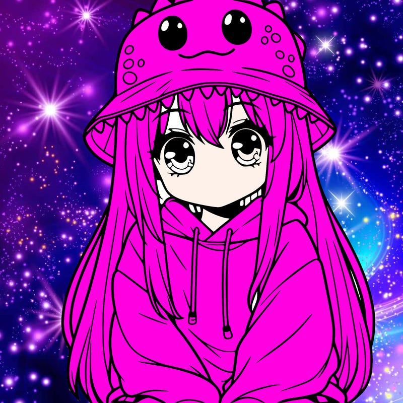 girl with anime shaped eyes with a dinosaur bucket hat oversized sweatshirt long straight hair