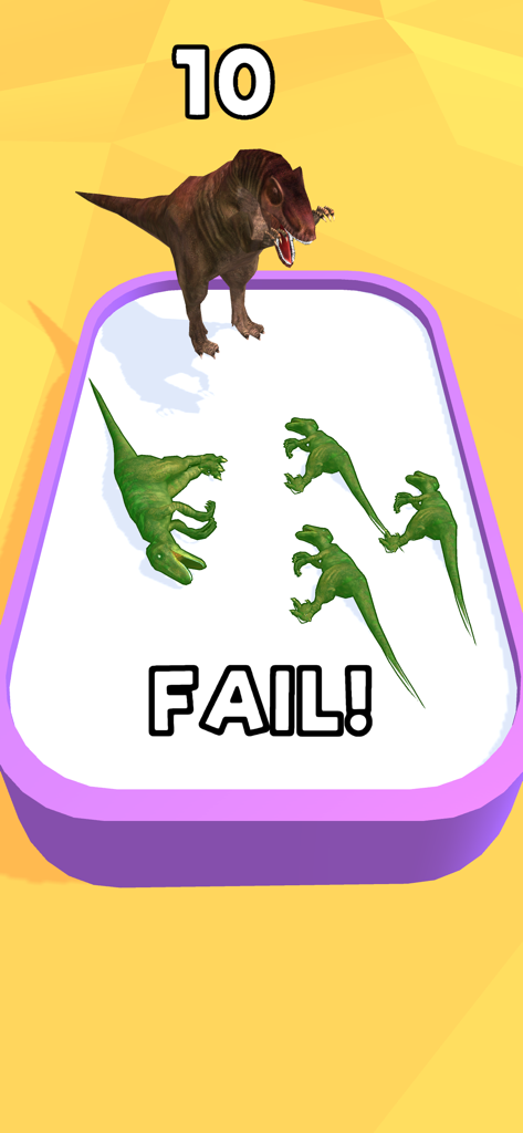 Merge Dragons Dinosaur Games - Un nivel de juego fallido en Merge Dragons Dinosaur Games mostrando un T-Rex grande y dinosaurios verdes más pequeños en una cuadrícula de batalla.