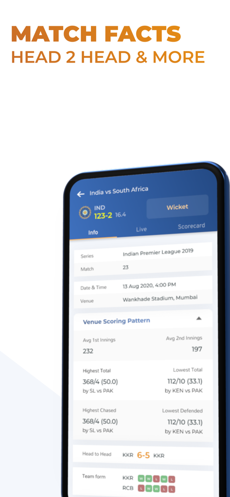 OneCricket - OneCricket app screen displaying cricket match facts head to head records and venue scoring patterns