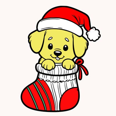 cute puppy wearing santa hat in socking