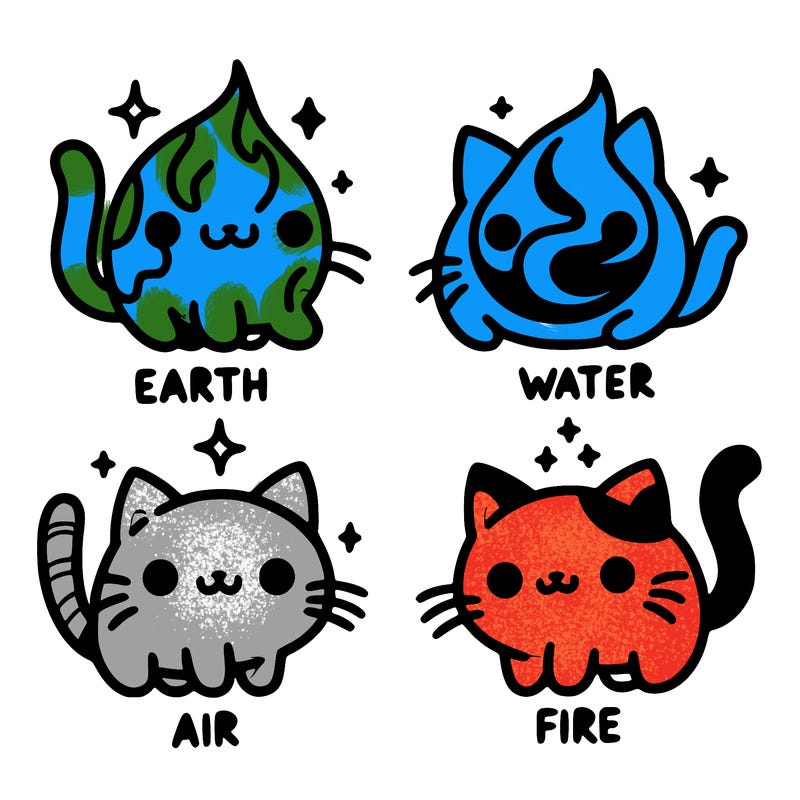 4 cats that represent the different elements, earth, water, air, and fire