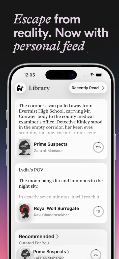 Novelia - Read Original Novels - Novelia mobile app interface showing a personal library feed with recently read and recommended books.