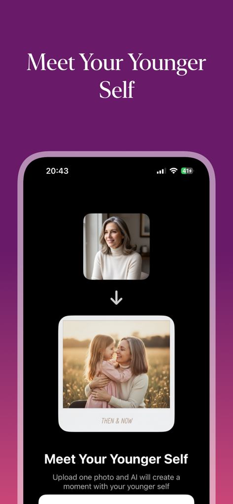 Polaroid AI  Photo Generator - The app interface shows a vintage Polaroid-style photo created by AI where a woman meets and hugs her younger self.