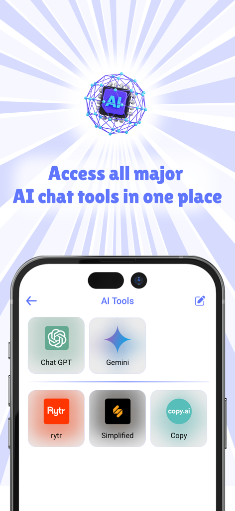 Interface do aplicativo Dual Accounts mostrando uma seleção de ferramentas de IA integradas, incluindo ChatGPT e Gemini