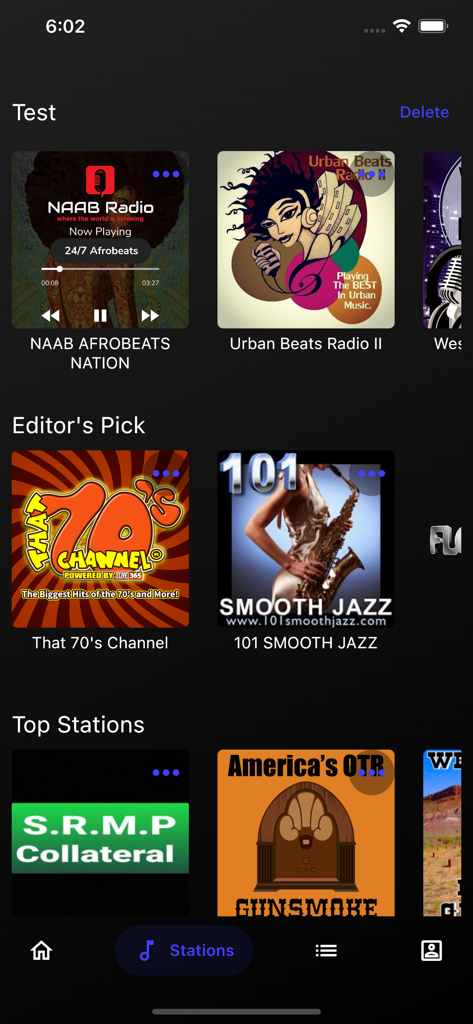 Live365 Radio - Music & Talk - Live365 App-Bildschirm mit von Menschen betriebenen Radiosendern in verschiedenen Genres wie Smooth Jazz und 70er Hits