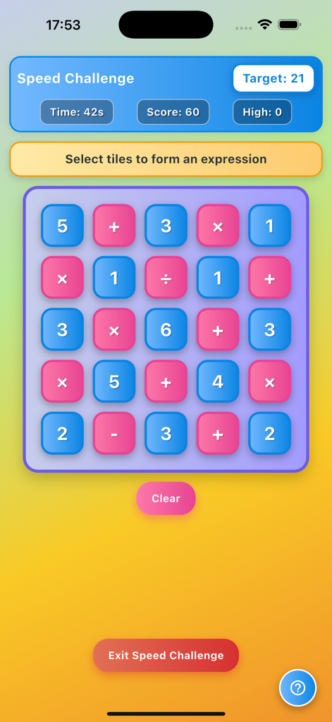 Math Quest: Brain Training - Aplicación móvil Math Quest mostrando una pantalla de juego de desafío de velocidad con una cuadrícula de 5x5 de números y operadores matemáticos