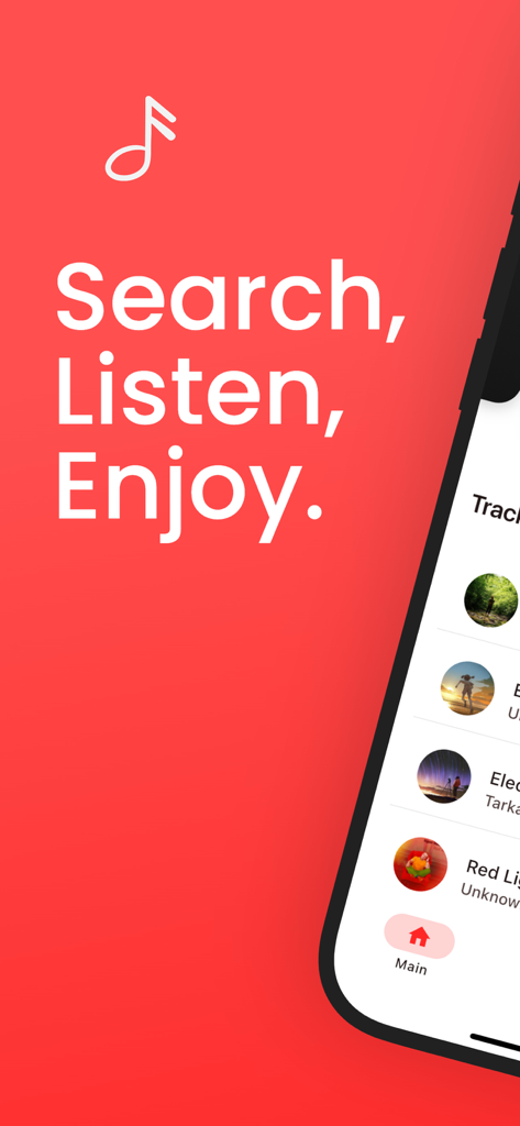 Singfy Music - Music Player - Singfy Music app promotional screen with the text Search Listen Enjoy and a tracklist preview on a red background