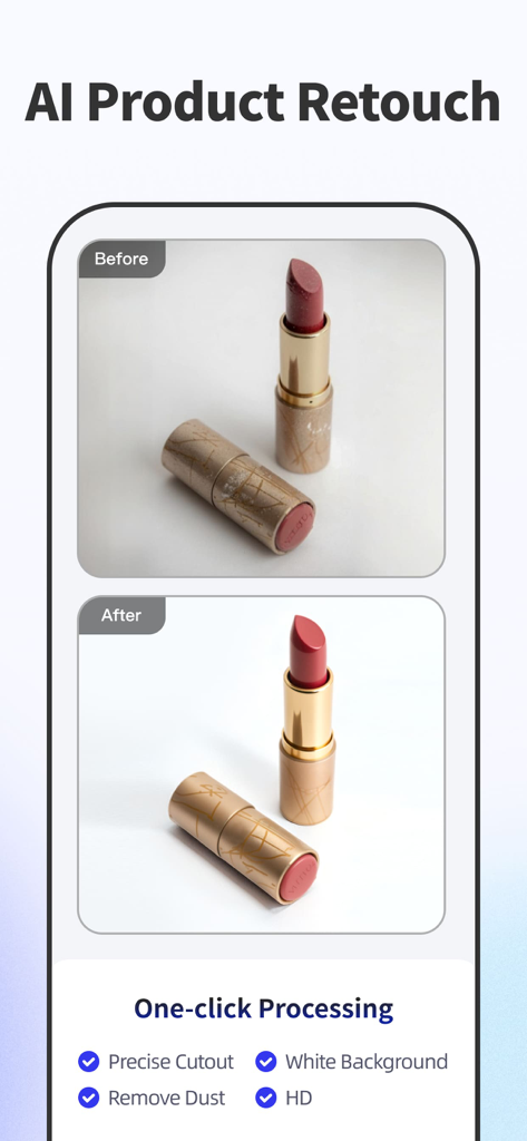 AI Background - Pokecut Studio - Before and after comparison of a lipstick product photo showing AI retouching and background removal