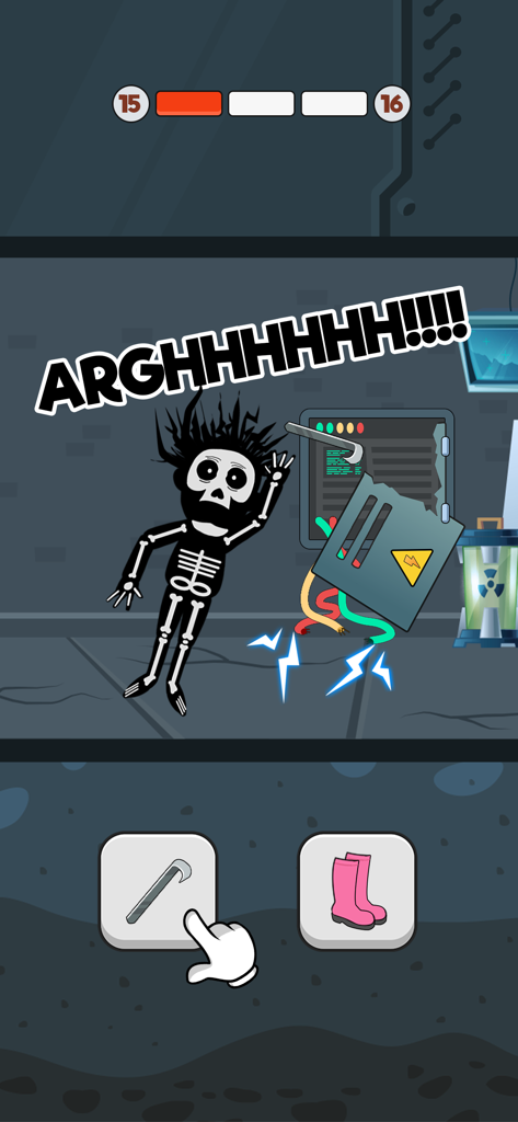 Save The Lady - Eine Figur, die nach einer falschen Werkzeugwahl im Handyspiel Save The Lady zu einem Skelett verwandelt wurde.