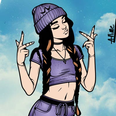 realistic teenage girl with braids and a beanie and crop top doing 🫶🏼