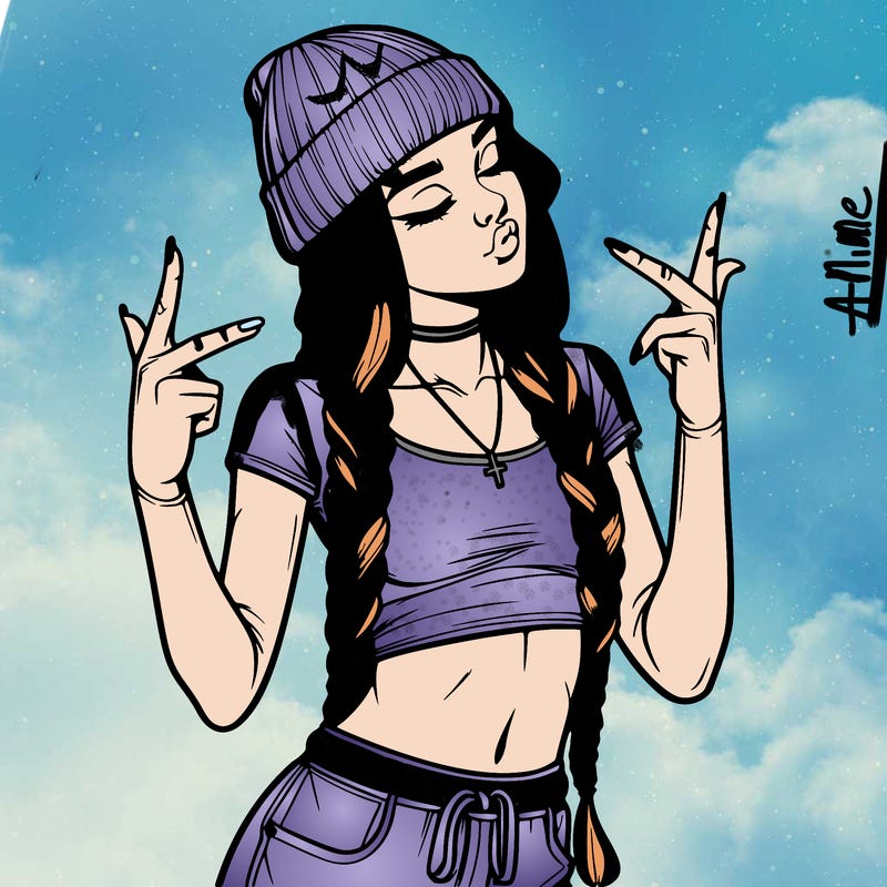 realistic teenage girl with braids and a beanie and crop top doing 🫶🏼