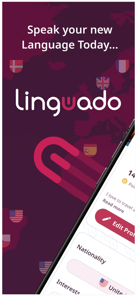 Linguado - Linguado app welcome screen with the slogan Speak your new Language Today and a world map with international flags.