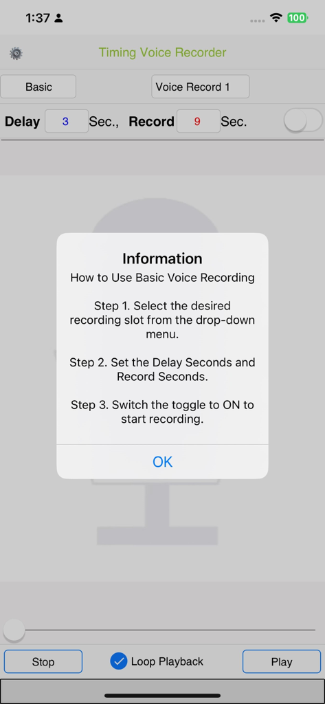 Timing Voice Recorder - Information popup in Timing Voice Recorder app explaining how to set delay and recording duration