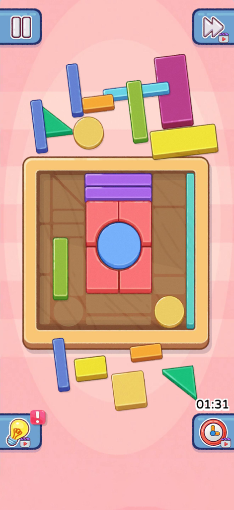 Perfect Satisfy: Organize Game - Un puzzle de clasificación de bloques geométricos de colores en una bandeja de madera