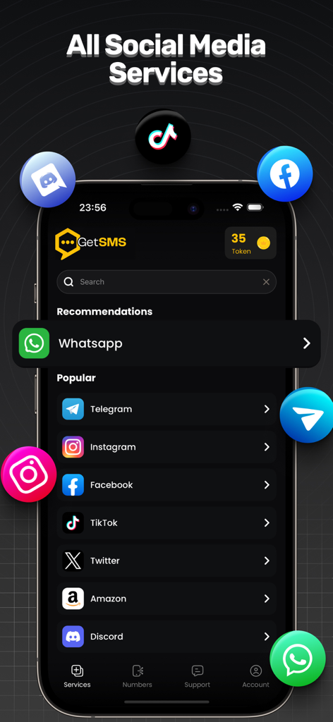 Interface de l'application GetSMS affichant une liste de plateformes de médias sociaux pour la vérification de numéros virtuels