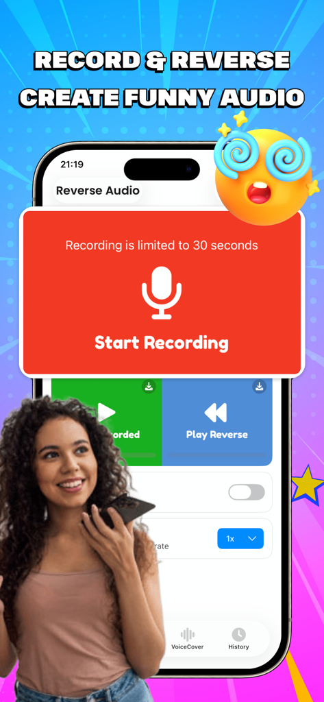 Reverse Audio: Singing Trend - A woman recording her voice on a smartphone to create funny reversed audio using the Reverse Audio Singing Trend app interface