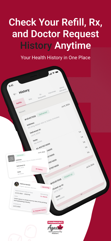 Pharmasave Agassiz - A smartphone displaying the history section of the Pharmasave Agassiz app with refill and doctor request details.