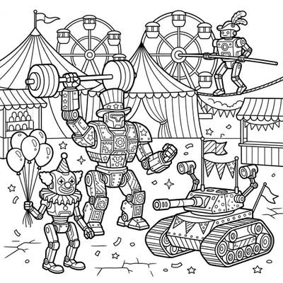 Experience an extraordinary fusion of futuristic machinery and classic circus fun with this captivating coloring page. Watch as mighty military robots shed their serious roles to embrace the joyous chaos of the carnival.