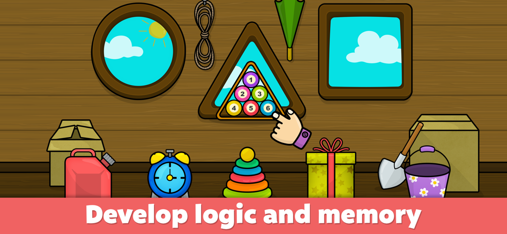 An educational game screen for toddlers featuring logic puzzles with shapes and numbers