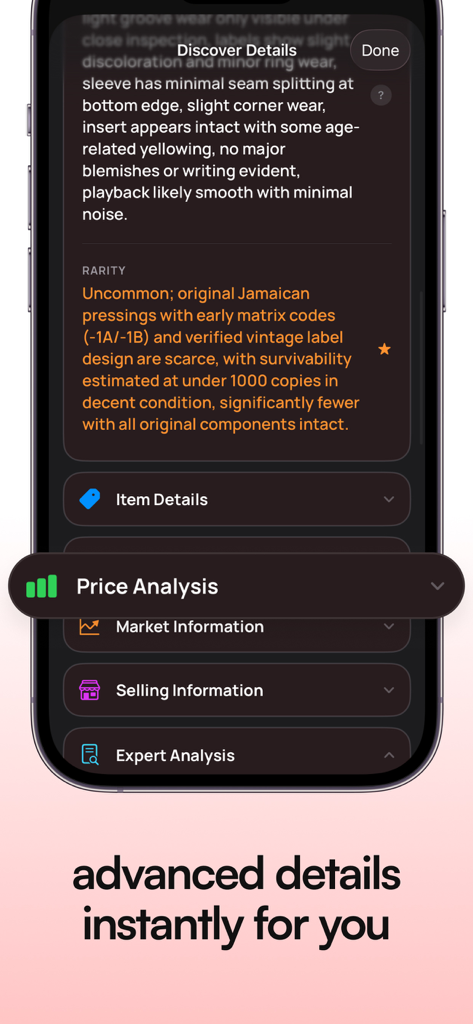 Vinyl Snap - Mobile app screen showing rarity ratings and price analysis for a vinyl record.