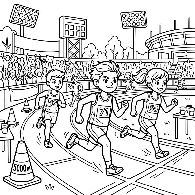 Dive into the thrill of the race with this dynamic coloring page featuring young long-distance runners. Perfect for kids aged 4-8, it captures the excitement of a stadium track event, ready for your creative touch.