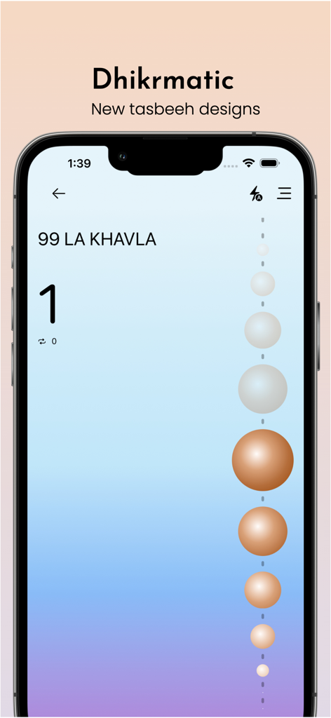 Perline tasbeeh digitali e contatore dhikr nella schermata Dhikrmatic dell'app Azan Time Pro