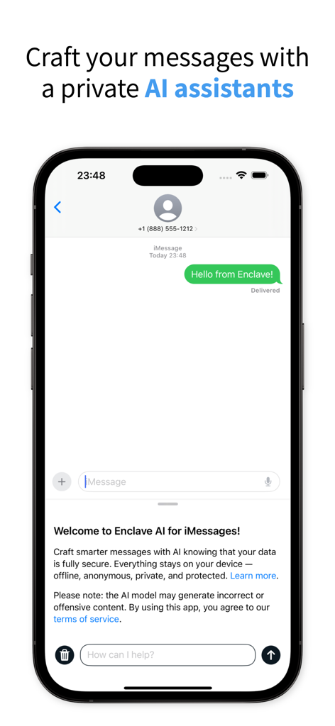 Enclave - Local AI Assistant - iPhone screen showing Enclave Local AI Assistant integrated with iMessage for private and offline messaging