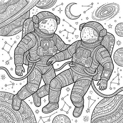 Embark on an interstellar artistic journey with this captivating Zentangle NASA Astronauts coloring page. Discover two brave astronauts floating among planets and stars, each element adorned with intricate, meditative patterns.
