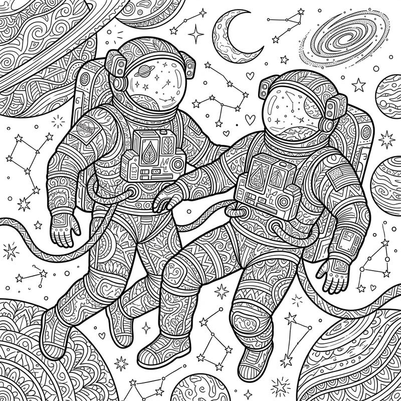 Embark on an interstellar artistic journey with this captivating Zentangle NASA Astronauts coloring page. Discover two brave astronauts floating among planets and stars, each element adorned with intricate, meditative patterns.