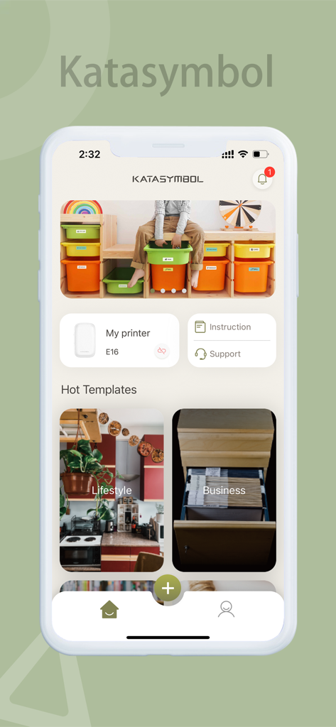 Katasymbol - Pantalla de inicio de la aplicación Katasymbol que muestra plantillas de etiquetas de estilo de vida y de negocios