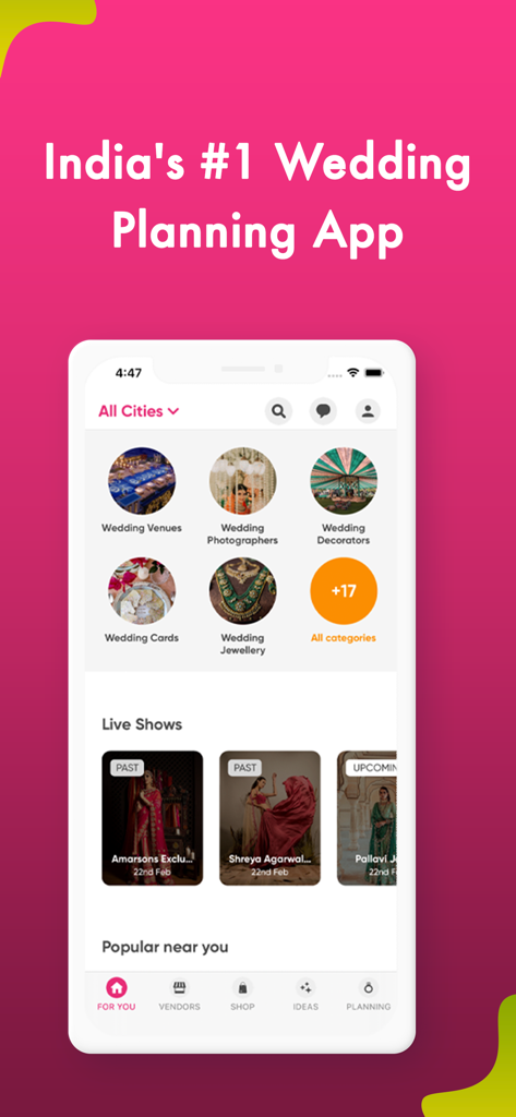 WedMeGood - Wedding Planner - WedMeGood mobile app interface showing wedding vendor categories and live shows