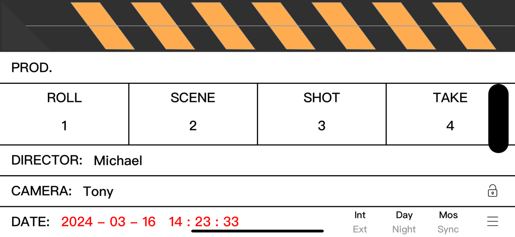 Digital film clapperboard interface displaying production information like scene shot and take numbers