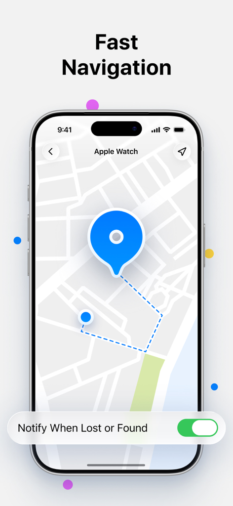 AirFind－ Find My Lost Device - Map interface of the AirFind app showing the navigation path to a lost Apple Watch.