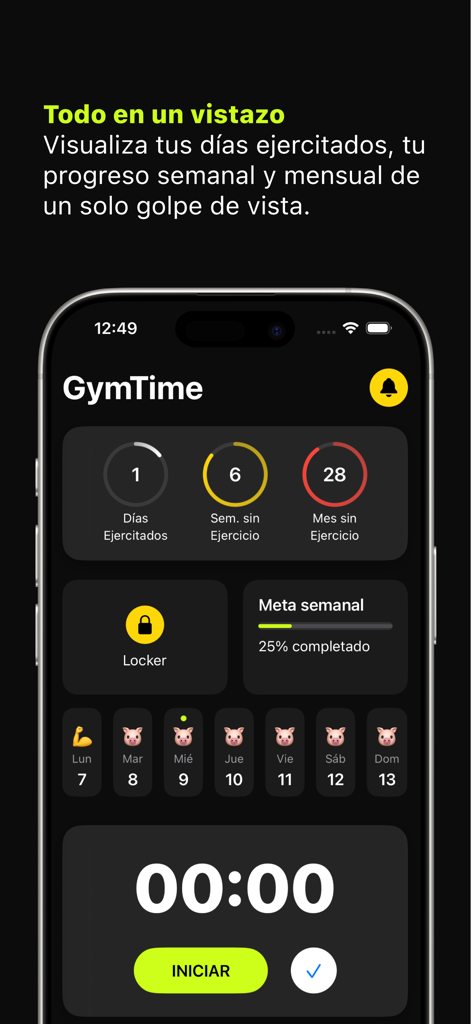 Vamos al Gym - A screenshot of the Vamos al Gym app dashboard featuring workout stats and a progress tracker with pig icons