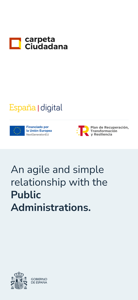 Mi carpeta Ciudadana - Pantalla introductoria de la app Mi Carpeta Ciudadana para servicios de administración pública española