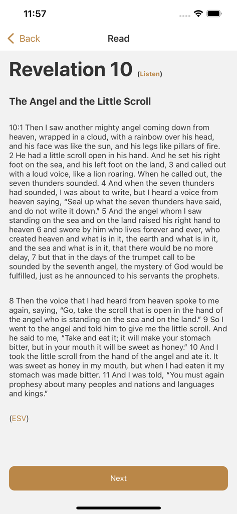 Una pantalla de lectura de la aplicación bíblica Sovereign Hope mostrando el capítulo 10 de Apocalipsis